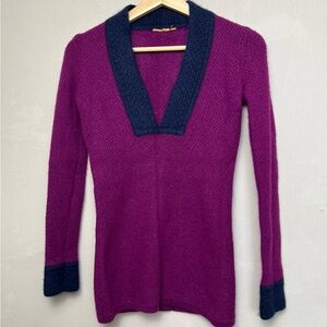 Tory Burch 100% Cashmere‎ V-Neck Tunic Sweater Size XS Purple Color Block